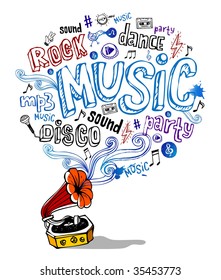 Vector illustration of retro gramophone and musical symbols and inscriptions