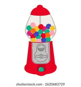 Vector illustration of a retro gumball machine filled with colorful gum balls. Vintage candy dispenser in red with glass dome, isolated on white background.