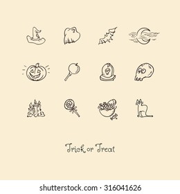Vector illustration of retro Halloween card with cute symbols of creepy holiday as set of icons for decoration on beige parchment background