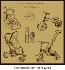 Vector illustration of retro hand drawn baby set for 1-2 years old. Includes pram, auto seat, balance bike, tricycle bike, helmet and toys. Template for children brochure