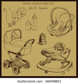 Vector illustration of retro hand drawn baby set for 0-1 years old. Include pram, auto seat and baby walker. Design template for brochure