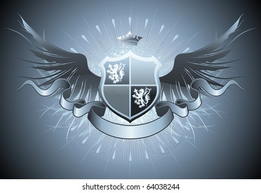 Vector illustration of retro heraldic shield or badge with wings and crown