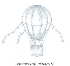 Vector illustration of a retro hot air balloon with garlands and engraving lines. Linear pastel blue drawing of vintage Aircraft for nursery posters or Baby shower greeting cards. Art of Aircraft.