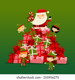 A vector illustration of retro inspired christmas santa and his cute elves surrounding a huge gifts stack.