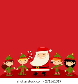 A vector illustration of retro inspired christmas santa and his cute elves with a red background copy space above. 
