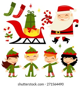 A vector illustration of retro inspired christmas santa and his cute elves.