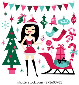 A vector illustration of retro inspired cute hawaiian luau party design elements set like santarina girl, christmas tree, ornaments, gifts, sleigh, candy cane,  stockings, mistletoe and more. 