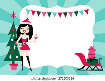A vector illustration of retro inspired cute christmas santarina theme party design copy space background. 