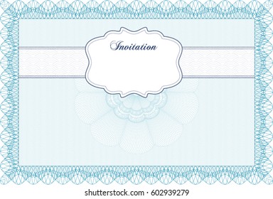 Vector illustration of Retro invitation. Border, frame.With complex linear background. Cordial design Blue Color.