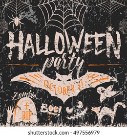 Vector illustration of retro invitation to halloween party. Vintage pointing halloween party poster with grunge effect, bat, scary pumpkin, spider, zombie arm, typography elements