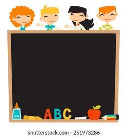 A vector illustration of retro kids back to school theme blackboard background copy space. The bottom of blackboard is filled with school stationery like pencil, glue, crayons, chalk and more.