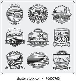 Vector illustration of retro landscapes. Farm fresh food labels, badges, emblems and design elements. Organic, ecology and bio natural design. Set of vintage premium quality labels.