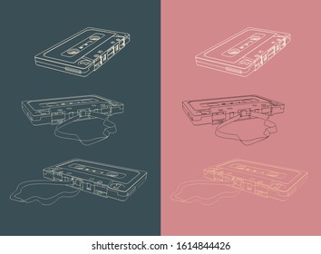 Vector illustration of retro magnetic tape and cassettes in different angles