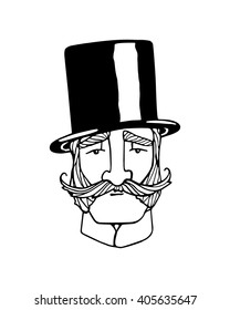 Vector illustration retro male character  A head elegant gentleman and mustache   cylinder  Ink drawing  graphic style 
