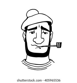 Vector illustration of retro male character. A head of a seaman with smoking pipe and beret. Ink drawing, graphic style. 