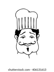 Vector illustration of retro male character. A head of a chef with mustache and toque. Ink drawing, graphic style. 