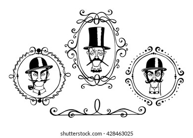 Vector illustration of retro male characters. Set of elegant gentlemen's heads with mustaches, monocle, smoking pipe and cylinders in vintage frames. Ink drawing, graphic style.