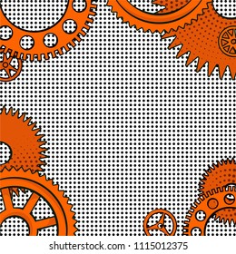 Vector illustration in retro mid century comic books style - frame of orange brass clock gears on black and white halftone background