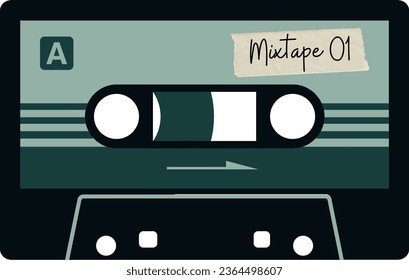 Vector Illustration of a retro Mixtape cassette tape with back and dark blue color scheme.