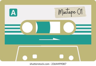 Vector Illustration of a retro Mixtape cassette tape with light brown, white, and green color scheme.