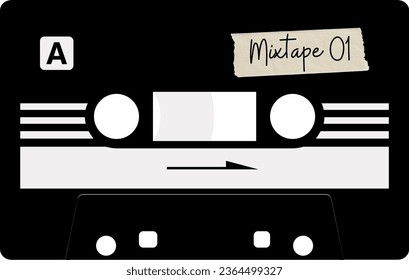 Vector Illustration of a retro Mixtape cassette tape with black and white color scheme.