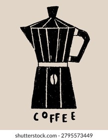Vector illustration of retro moka pot coffee maker. Linocut style craft cafe asset with handwritten lettering text and stamp texture.