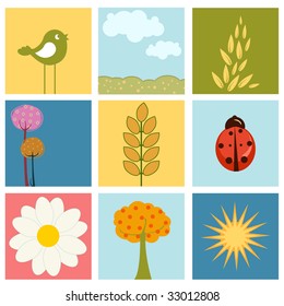 Vector Illustration of retro nature design Pretty summer pictures in Friendly kids style