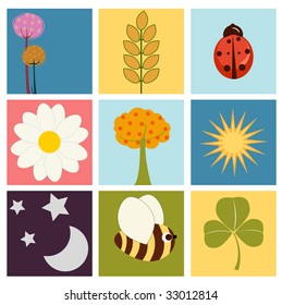 Vector Illustration of retro nature design Pretty summer pictures in Friendly kids style