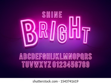 Vector Illustration Retro Neon Font, Colorful Light Alphabet With Numbers. Shine Future Typography.