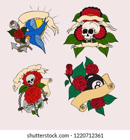 Vector illustration of retro old scool compositions with little bird, skull, flowers, ribbons drawn in tattoo style, set of chevrons, stickers for body art