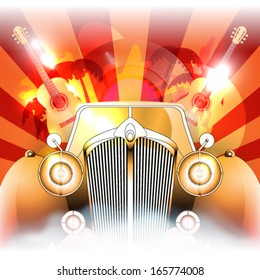 Vector illustration of retro party brochure with vintage car