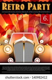 Vector Illustration of Retro Party poster with Vintage Car