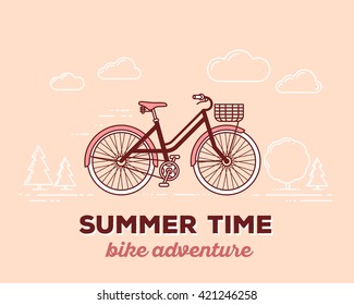 Vector illustration of retro pastel color moving fast bicycle with basket, text summer time on outdoor background. Bike adventure concept. Thin line art flat design of vintage bicycle, riding, cycling