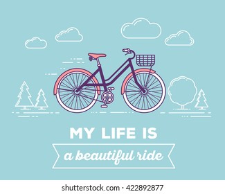 Vector illustration of retro pastel color bicycle with basket, text my life is beautiful ride on blue background. Bike adventure concept. Thin line art flat design of vintage bicycle, riding, cycling