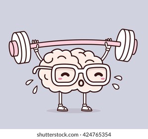 Vector illustration of retro pastel color pink brain with glasses lifting weights on gray background. Exercising cartoon brain concept. Doodle style. Thin line art flat design of brain for training