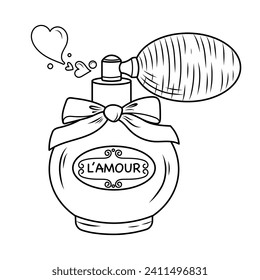 Vector illustration of retro perfume bottle with pom pom. Romantic doodle sketch of love scent for valentine's day