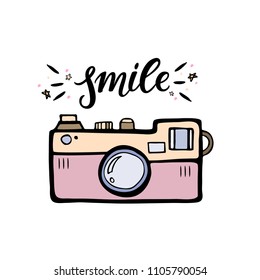 Vector illustration of a retro photo camera. Vintage photo camera with handlettering word smile.