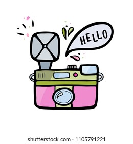 Vector illustration of a retro photo camera. Vintage photo camera with speech bubble and handlettering.