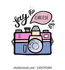 Vector illustration of a retro photo camera. Vintage photo camera with speech bubble and handlettering.