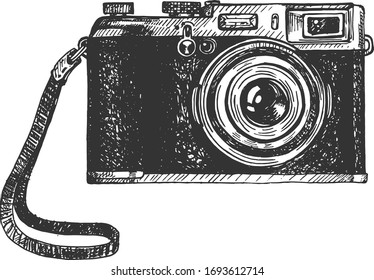 Imagen vectorial de una cámara fotográfica retro. Estilo de grabado a mano vintage.