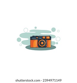 Vector illustration. Retro photo camera. Modern digital device with lens in vintage style. Sticker with contour. Isolated on white background
