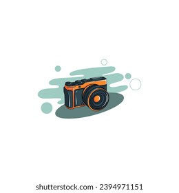 Ilustración vectorial. Cámara fotográfica retro. Dispositivo digital moderno con lente de estilo vintage. Pegar con contorno. Aislado sobre fondo blanco