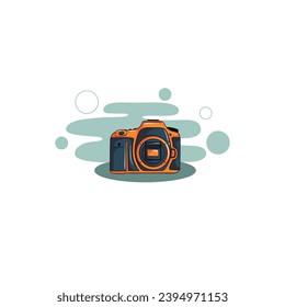 Vector illustration. Retro photo camera. Modern digital device with lens in vintage style. Sticker with contour. Isolated on white background