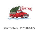 vector illustration of retro pickup truck with Christmas tree. writing of merry Christmas greetings