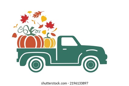 Vector Illustration Of A Retro Pickup Truck Loading With Pumpkins. 
Autumn Fall Season. Harvest.
Simple Flat Design.