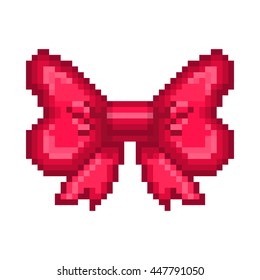 Vector illustration, retro pixel art icon of lovely glossy pink ribbon bow for gift or hair decoration.