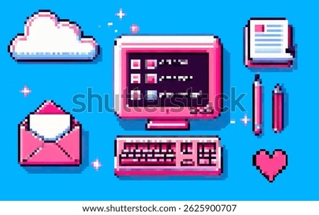 Vector illustration of a retro pixel art computer setup, including a monitor, keyboard, cloud, envelope, documents, pens, and a heart, all in pink and blue colors. Y2K vaporwave style.