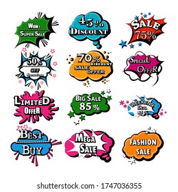 vector illustration of retro pop art comic style chat or speech bubble sound effect and expression for shopping sale and promotion discount offer