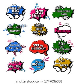 vector illustration of retro pop art comic style chat or speech bubble sound effect and expression for shopping sale and promotion discount offer