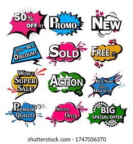 ilustración vectorial del arte pop retro estilo cómic chat o voz burbuja efecto de sonido y expresión para la venta de compras y oferta de descuento de promoción